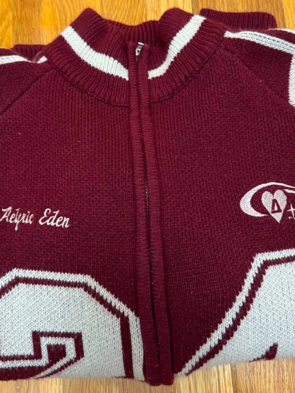 Aelfric Eden Full Zip # 24 Jacquard Cardigan Burgundy/Cream Sweater Size XLarge